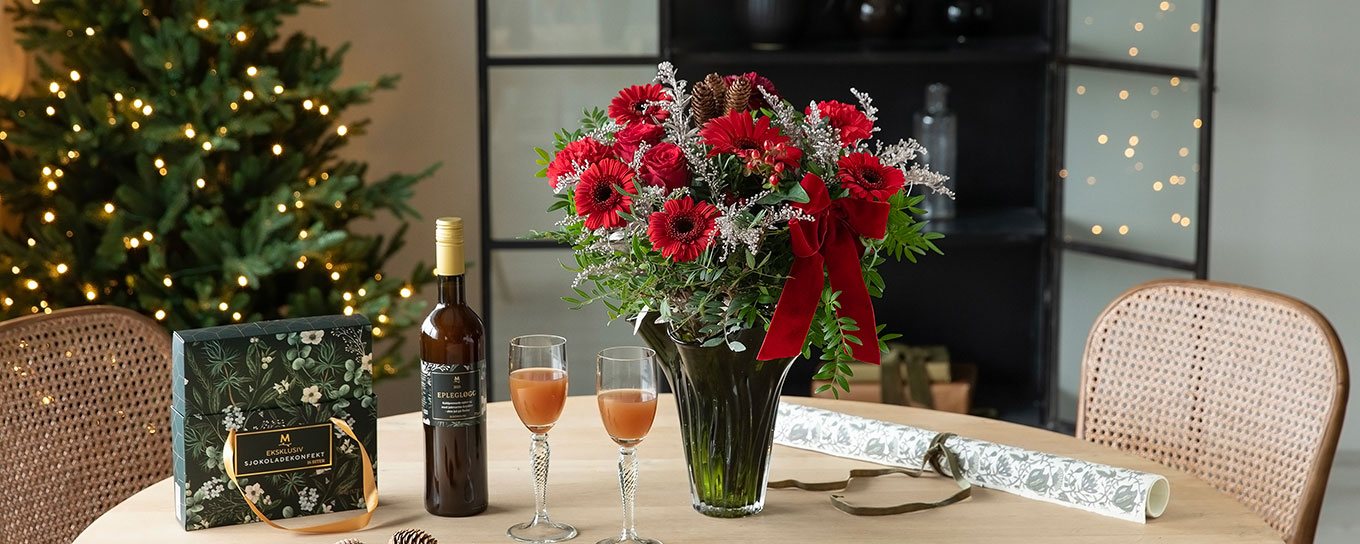 Interiør- og blomsterbilde med klikkbare elementer